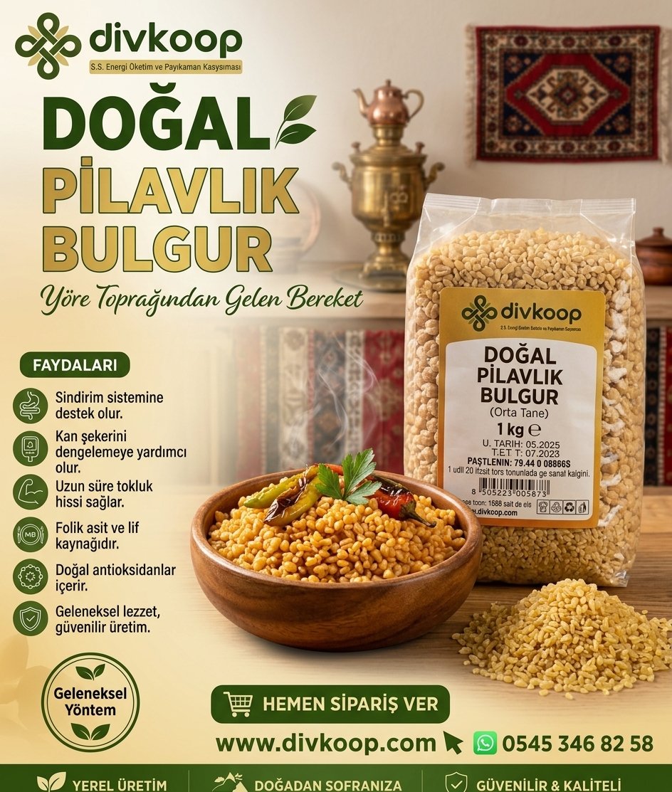 Doğal Pilavlık Bulgur (Orta Tane) 1 kg – Divriği Kooperatifi Güvencesiyle — Yöresel Ürünler, Merkez, Divriği