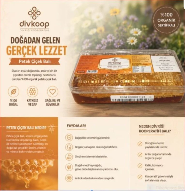 T.B. 1000 G Organik Sertifikalı Petek Çiçek Balı — Yöresel Ürünler, Merkez, Divriği