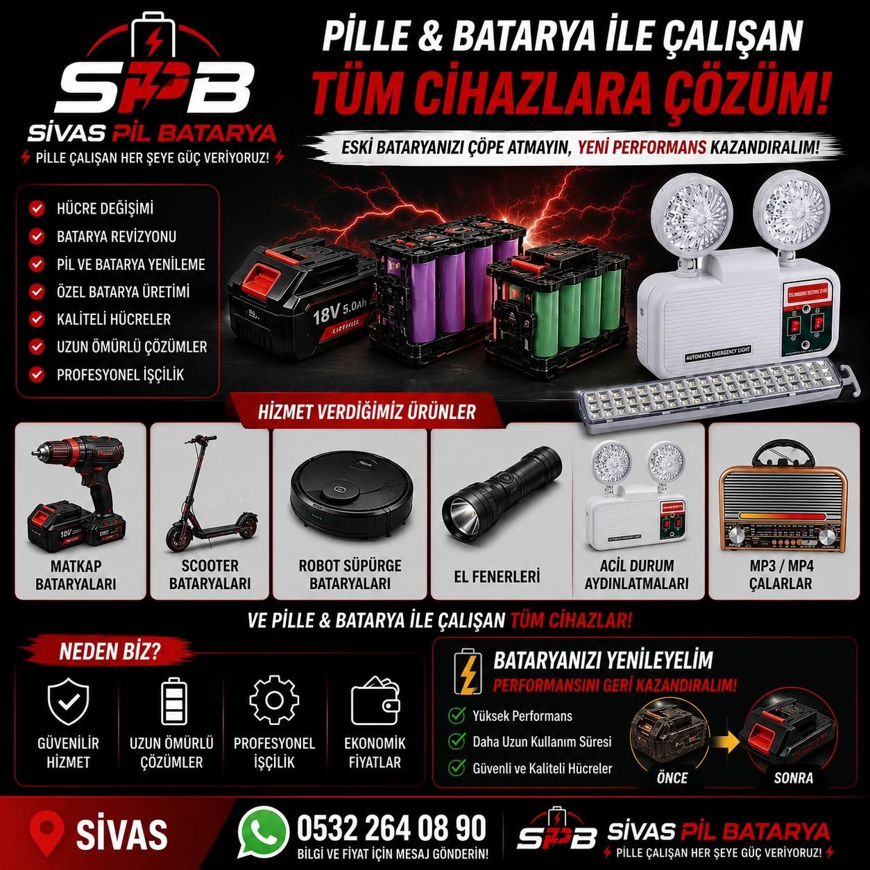 Matkap Bataryaları 🛴 Scooter Bataryaları 🤖 Robot Süpürge Bataryaları ⚡ Batarya Tamiri • Hücre Değişimi • Özel Üretim — Hizmetler, sivas